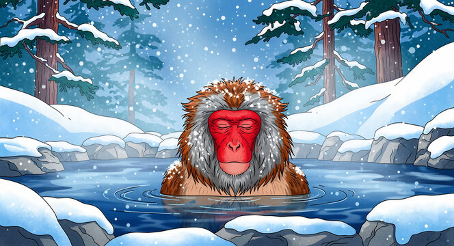 Japanese snow monkey soaking in a hot spring during a winter snowfall. Macaque with a red face relaxing in an onsen surrounded by pine trees. Zen meditation concept for wellness and Japanese culture.