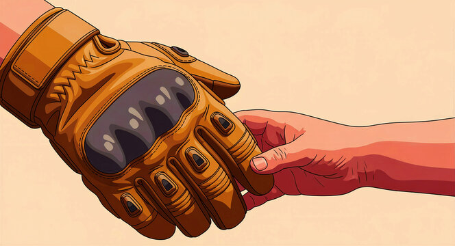 Hand in heavy tactical glove shaking hands with a bare human hand. Illustration of a partnership between professional and civilian. Trust and protection concept, ideal for safety and security.