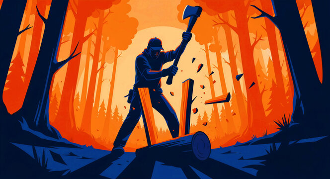 Lumberjack splitting wood with an axe in a forest setting. Silhouette of a strong man chopping logs amidst a sunset orange landscape. Woodcutting concept for forestry and outdoor labor branding.