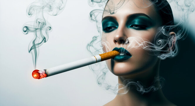 Portrait of a woman with teal makeup smoking an extra long glowing cigarette. Artistic smoke swirls around a high-fashion model with dramatic cosmetics. Conceptual beauty and addiction theme.
