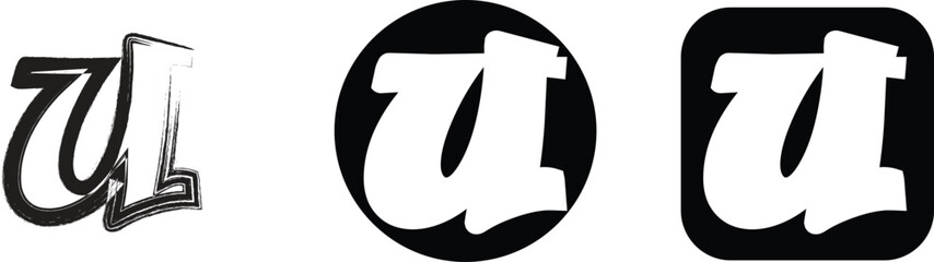 Letter u in three styles, including a hand-drawn brush stroke outline, a white letter inside a black circle, and a white letter in a square © Ahed