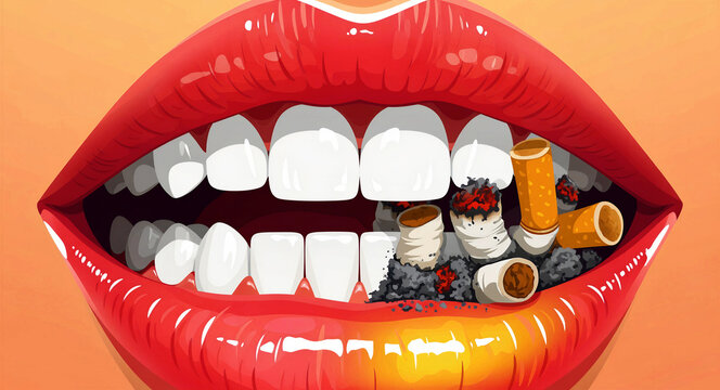 Human mouth illustration with cigarette butts and ash replacing teeth. Visual representation of tobacco impact on oral health. Anti-smoking concept for medical awareness and healthcare marketing.