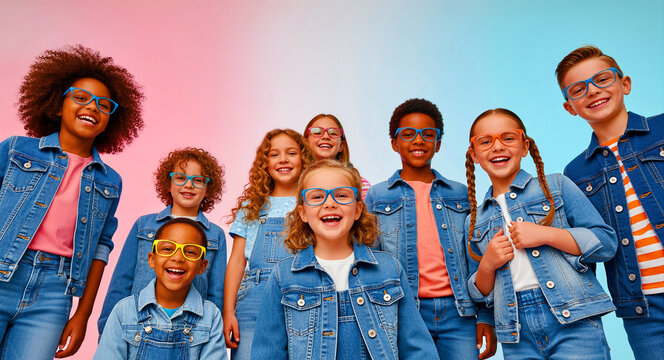 Diverse happy children wearing colorful eyeglasses and denim jackets. Multi-ethnic kids smiling in a studio. Pediatric eyewear and youth fashion concept for optometry marketing campaigns.