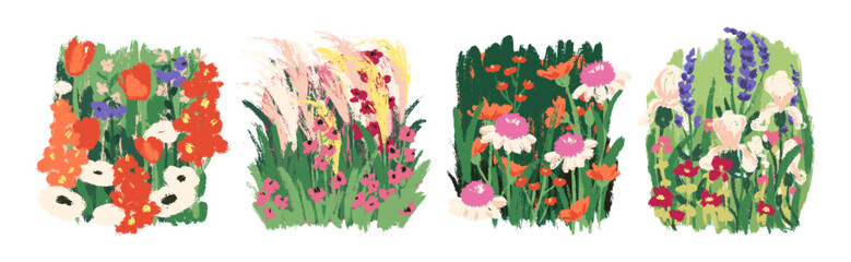 Obraz premium Field flowers, meadow paintings set. Wildflower blossoms, spring and summer blooms, grass. Textured drawings, beautiful nature. Botanical flat vector illustrations isolated on white background