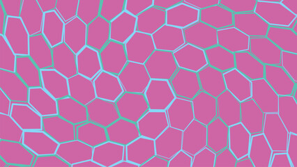 Fototapeta premium Pink background with interlocking blue and mint green hexagons, abstract geometric honeycomb pattern