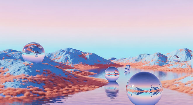 Surreal landscape with glass orbs reflecting a colorful mountainous terrain landscape reflection mountain abstract creative perspective colorful wilderness