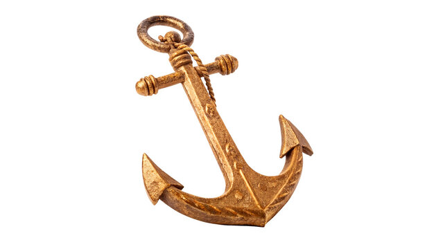 Vintage golden metal ship anchor nautical maritime object isolated on transparent background Png cut out
