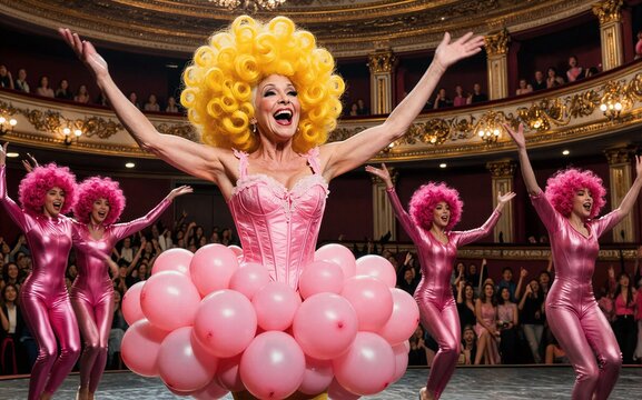 A vibrant drag queen with a yellow wig and pink balloons, performing on stage.