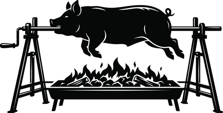 Black silhouette of a whole pig roasting over a fire on a spit barbecue cooking illustration on white background