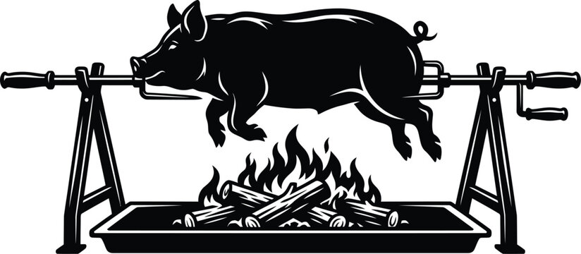 Black silhouette of a whole pig roasting on a spit over a fire barbecue cooking illustration on a white background