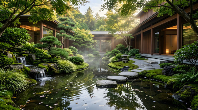 Beautiful traditional japanese garden with a peaceful pond stone path and a wooden house surrounded by lush green trees and soft sunlight