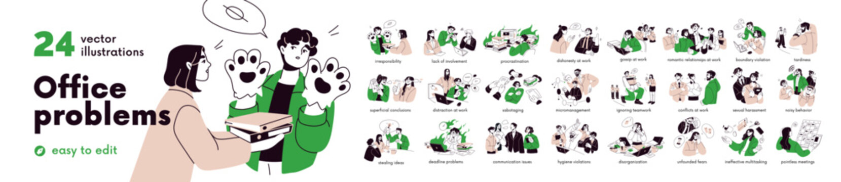 Office problems and bad work behavior, concept set. Workplace conflicts, procrastination, employees gossip, harassment, dishonesty and sabotage. Flat vector illustrations isolated on white background