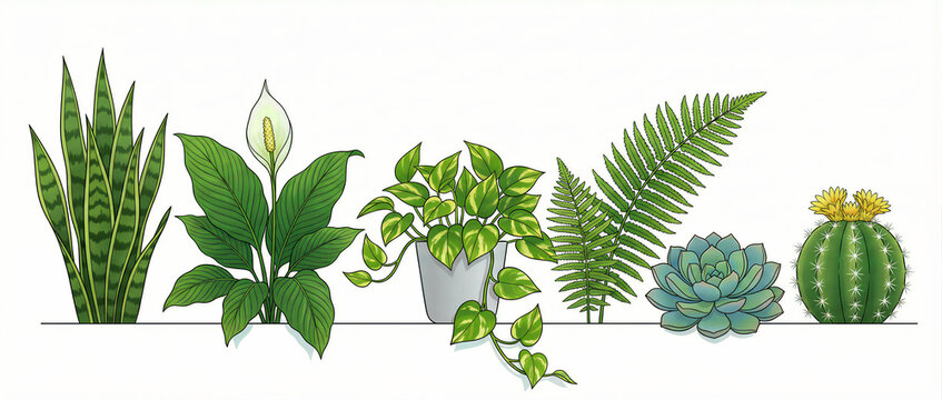 Variety of indoor house plants arranged in a row on white background. Illustration featuring snake plant, peace lily, pothos, fern, and cactus. Botanical concept for interior design and gardening.