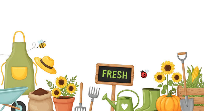 Fresh produce garden flat lay border with farming tools and gardening equipment agriculture vegetables sunflower watering equipment cultivation background