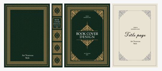 Obraz premium Classic vintage book cover, title page, spine design with Art Deco, Baroque, Art Nouveau and Victorian ornaments. Elegant decorative frame, retro style for publications, posters and artistic layouts.