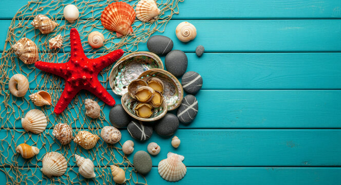 Seashells and red starfish arranged on turquoise wood with fishing net and abalone. Marine objects and pebbles on rustic blue planks. Summer vacation and seafood concept with copy space for text.