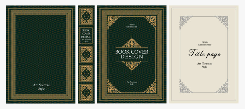 Classic vintage book cover, title page, spine design with Art Deco, Baroque, Art Nouveau and Victorian ornaments. Elegant decorative frame, retro style for publications, posters and artistic layouts.
