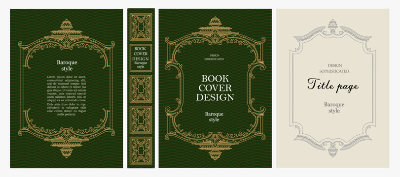 Classic vintage book cover, title page, spine design with Art Deco, Baroque, Art Nouveau and Victorian ornaments. Elegant decorative frame, retro style for publications, posters and artistic layouts.