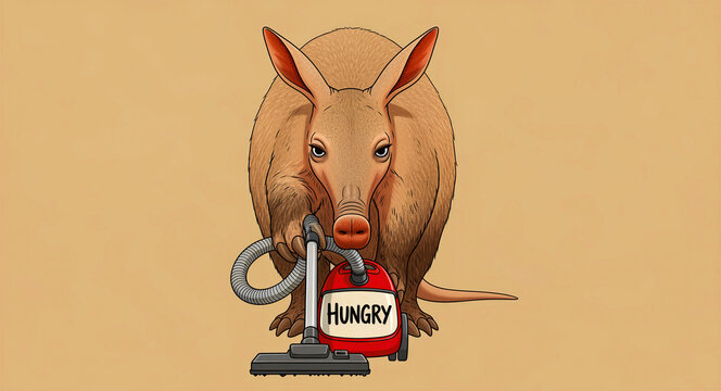 An aardvark operates a red vacuum cleaner with a focused expression. Illustration shows the mammal holding cleaning equipment on a plain background. Humorous concept for cleaning or pest control.