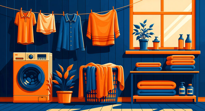 Laundry room illustration with washing machine and hanging clothes. Scene with folded towels, detergent, and house plants. Housework concept for home management and cleaning services.