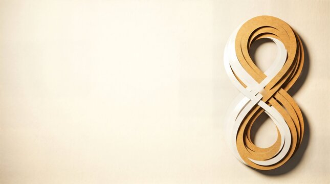 Infinity symbol shaped from layered wood and white strips on a textured beige surface