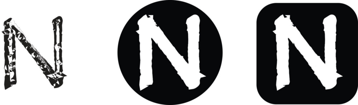 Letter n in three styles, including a textured black version, a white letter inside a black circle, and a white letter in a rounded square
