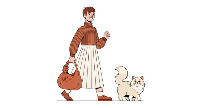 Woman walking her dog while carrying shopping bags.