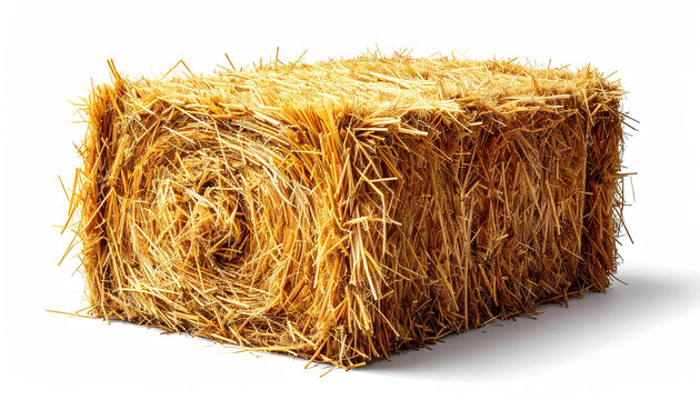 Rectangular golden straw bale for livestock feed and farming isolated on white background