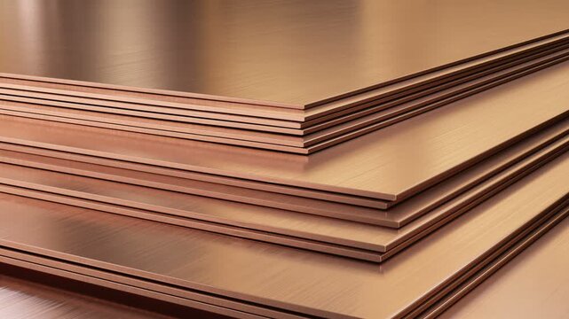 Warehouse of rolled metal product, close-up. Copper sheets arranged in layers showcasing their shiny surface and smooth texture in a well-lit workshop space. 3D copper sheets.