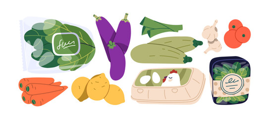 Fototapeta premium Vegetables, greens and eggs, grocery set. Spinach in pack, eggplant, zucchini, carrot. Organic natural food, healthy vegetarian ingredients. Flat vector illustration isolated on white background