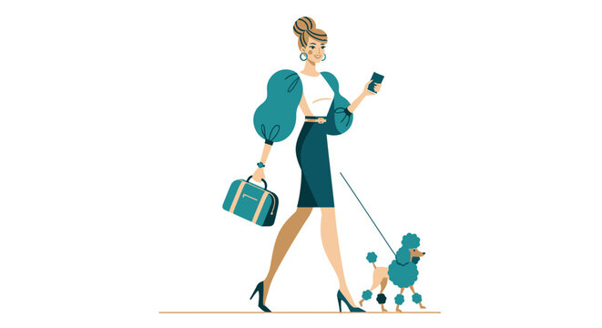 Elegant woman walking a poodle with luggage.