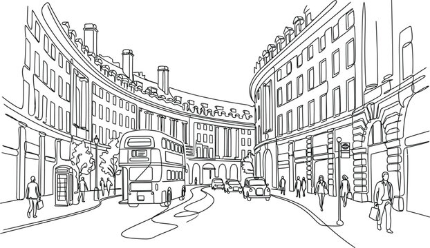 Continuous line art illustration of a london street scene with buildings red bus and people on a transparent background