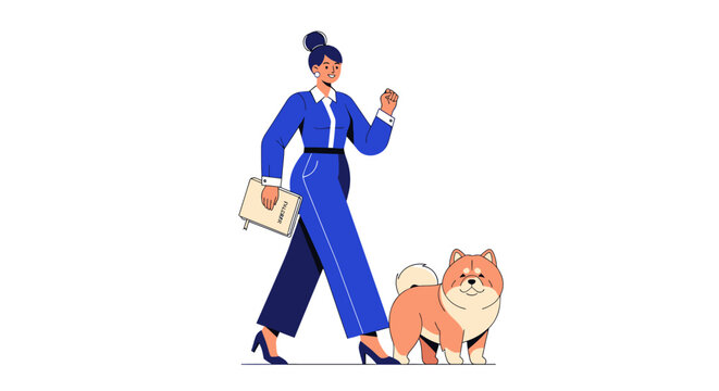 Woman in blue suit walking a fluffy orange dog.