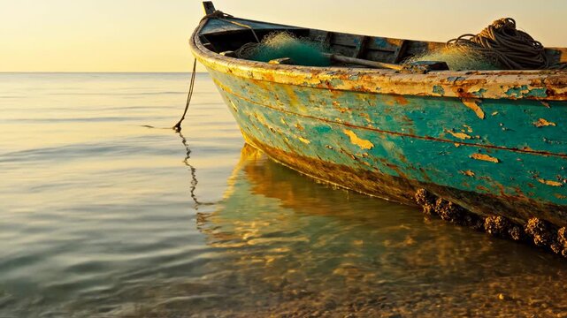 Weathered blue wooden fishing boat with peeling paint moored in shallow coastal water at golden hour. Visible fishing nets, ropes, barnacles on the hull, and water reflections.