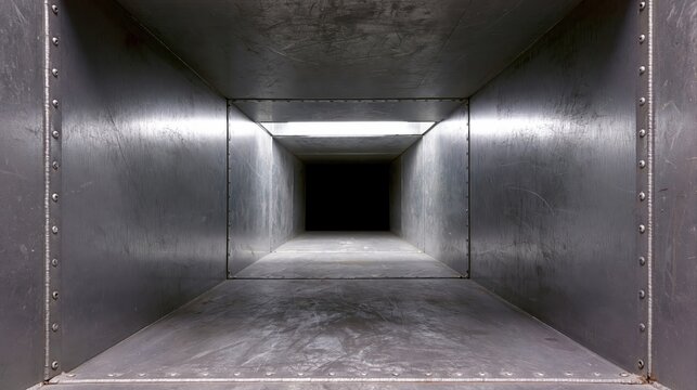 Industrial ventilation tunnel with metallic duct interior and illuminated perspective view