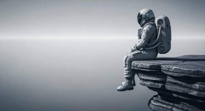 Astronaut sitting on a rocky cliff edge overlooking a vast misty void. Cosmonaut in spacesuit gazing into a foggy horizon on a distant planet. Loneliness and discovery concept for sci-fi themes.