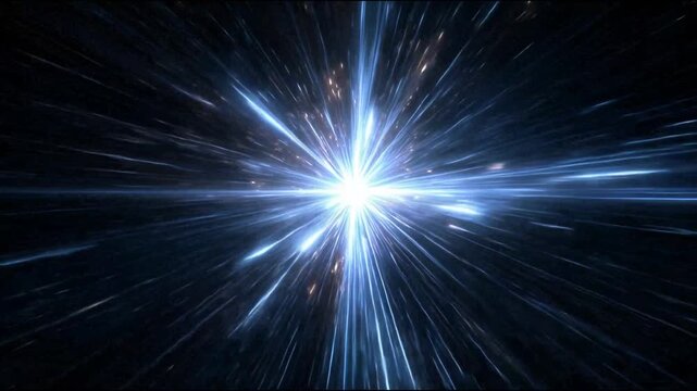 Cinematic starburst light streaks moving at warp speed through a blue hyperspace tunnel animation