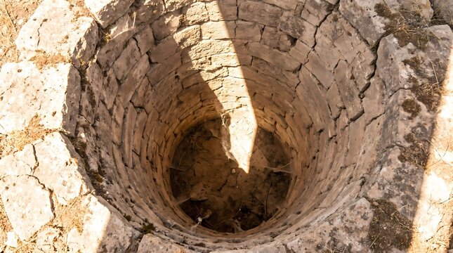 Looking down into an empty abandoned dry stone well.