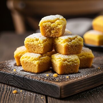 Stack of homemade lemon bars with powdered sugar on a wooden board.