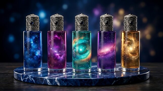 Lima botol parfum kaca elegan menampilkan pusaran nebula galaksi berwarna-warni yang melambangkan keajaiban alam semesta dan misteri kosmos