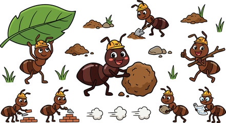 Fototapeta premium Vector cartoon collection of cute worker ants wearing yellow hard hats building colony carrying leaves digging dirt rolling soil and reading construction blueprints illustrations