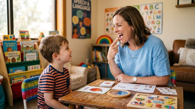Female Speech Therapist Working with Young Boy on Articulation and Language Skills in Professional Setting