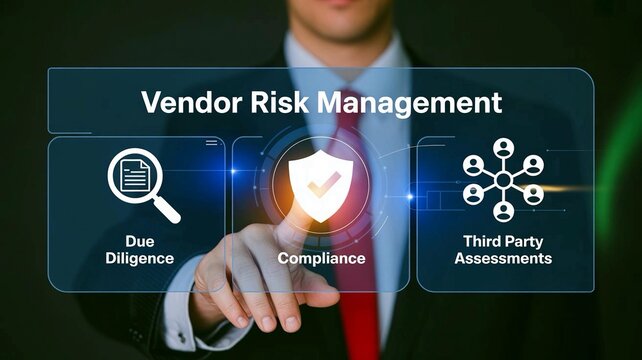 Businessman interacting with Vendor Risk Management digital interface showing due diligence, compliance, and third party assessments for corporate security and supply chain strategy.