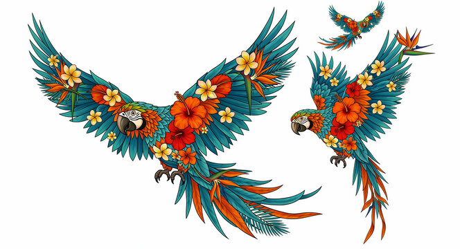 Colorful macaw parrots flying with tropical flowers. Vibrant illustration with hibiscus, plumeria, and bird of paradise. Exotic nature concept for summer branding and textile prints.