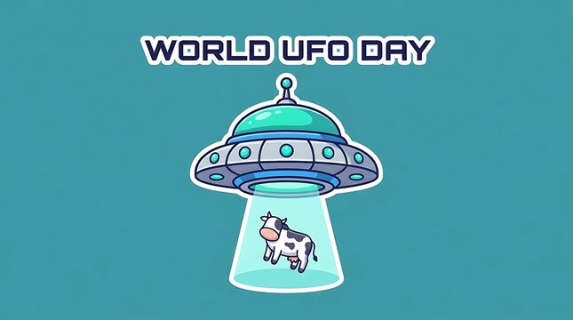 World UFO Day Alien Abduction Cow Illustration.