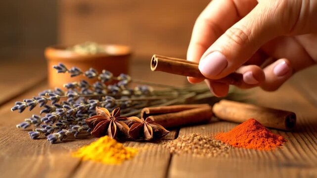 Close-up of hand-picked spices and seasonings, close-up of hand-picked spices and dried flowers