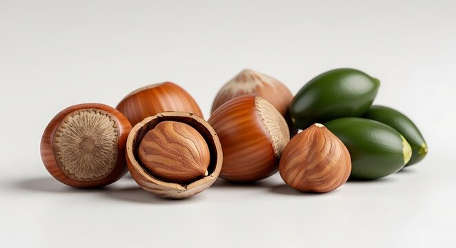 Group of ripe brown hazelnuts and unripe green hazelnuts on white background