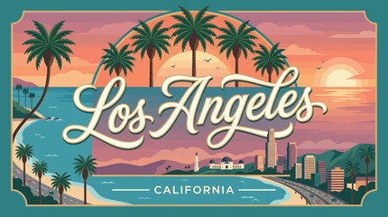 Fototapeta premium Los Angeles California Travel Illustration | Sunset Palmtree Coastal View