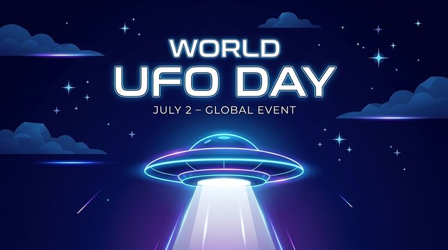 World UFO Day Celebration with Flying Saucer and Stars.