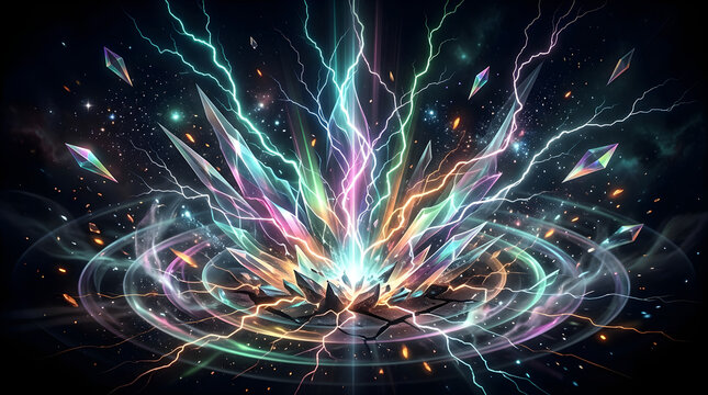 Explosion of colorful magic crystals with electric lightning bolts and glowing energy shockwave on dark background